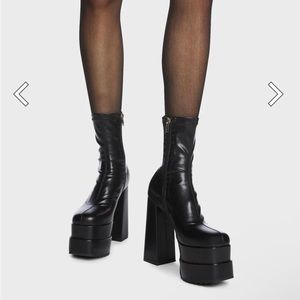 Platform Boots for Women Square Toe Chunky High Heels Platform Side Zipper